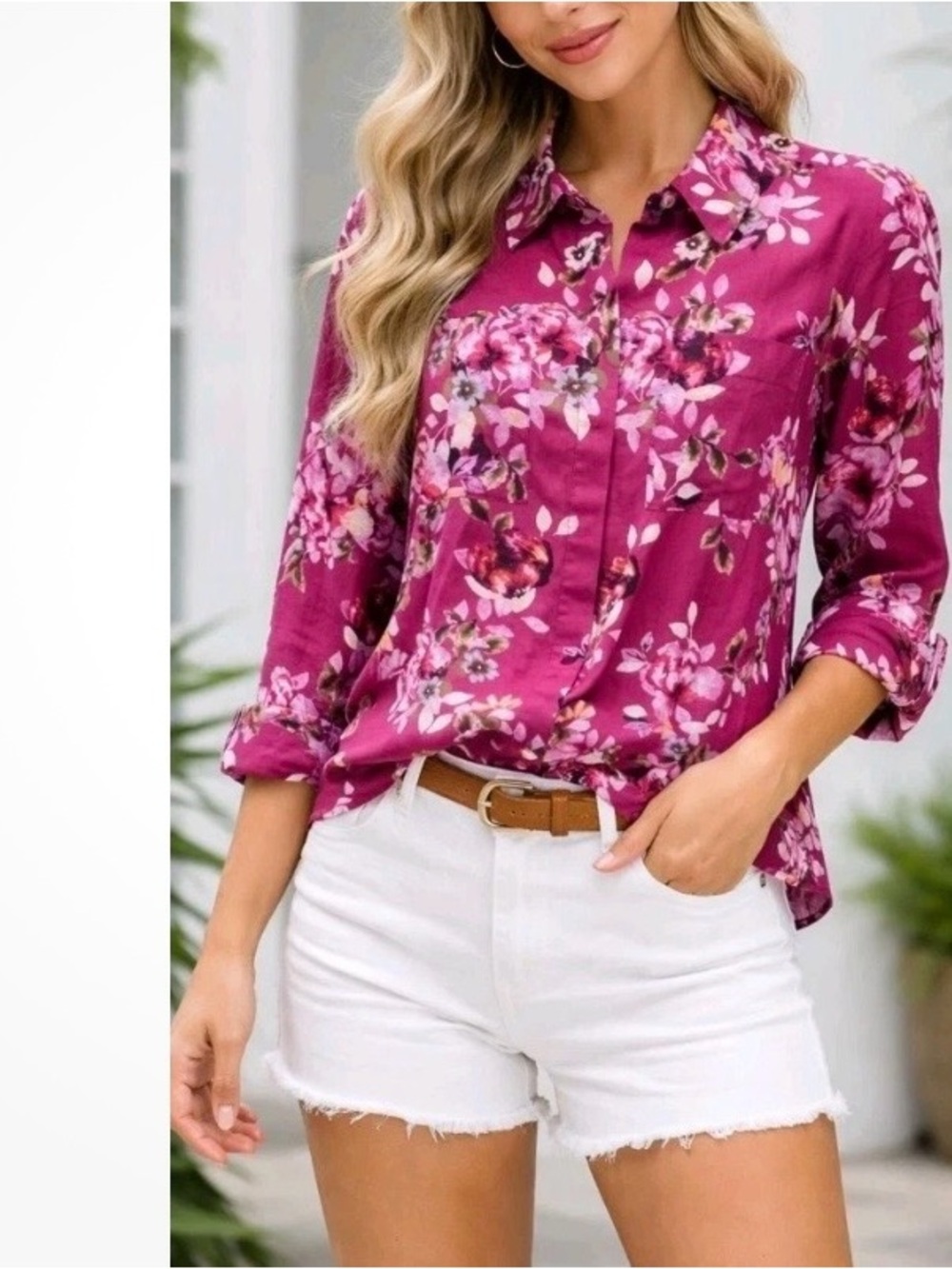 White House Black Market Silk/cotton Burgundy floral blouse‎ size 6